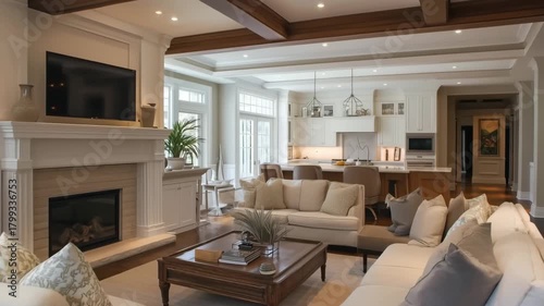 A modern, spacious cape cod living room with a cozy fireplace, elegant furniture, and an open kitchen area, featuring natural light and stylish decor