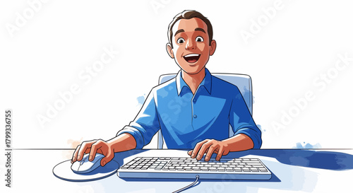 Enthusiastic Man Working on Computer with Joyful Expression.