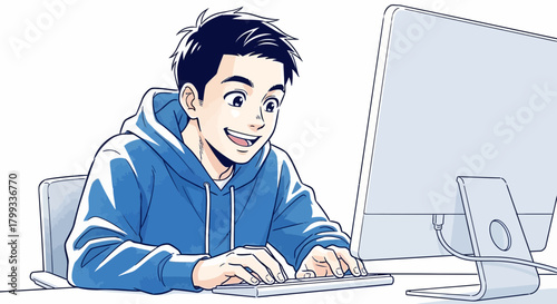 Enthusiastic Young Man Coding on Computer with a Big Smile.