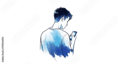 Illustration of a Man Focused on His Mobile Phone.