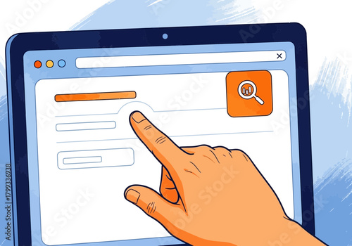 Hand Interacting with Search Interface on Tablet Screen.