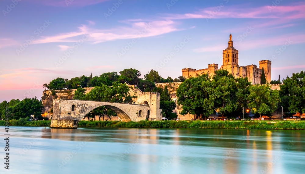 Fototapeta premium Ancient structure on a river bank with arch bridge under pink sunset sky with trees