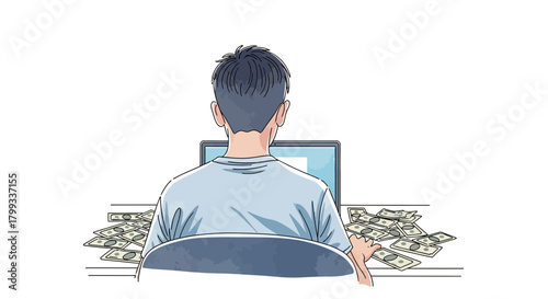 Man Earning Money Online with Laptop and Cash.