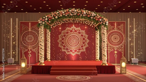 Ornate indian wedding stage decoration with flowers and lights