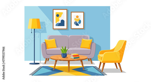 modern living room interior illustration with grey sofa yellow armchair abstract art and floor lamp for stylish home decor.