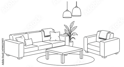 modern living room furniture sofa chair and plant arrangement on a rug creating a cozy interior design with pendant lights overhead
