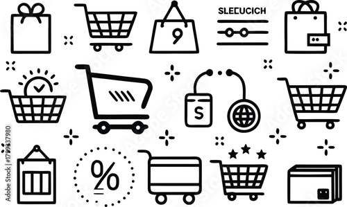 Shopping icons: cart, bag, gift, wallet, discount, sale, online commerce