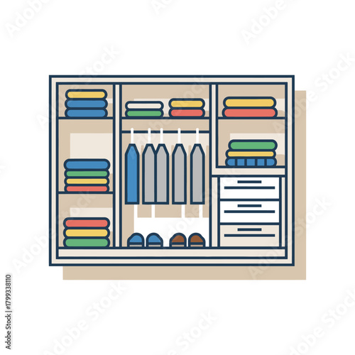 organized open closet with folded clothes hanging garments shoes drawers vector for home storage and organization.