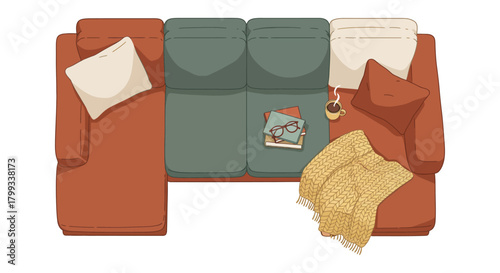 overhead view of a cozy l-shaped sectional sofa with pillows books hot coffee and a knitted blanket for home decor and comfortable living.