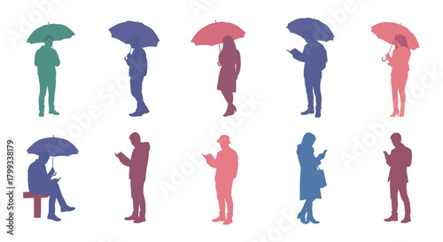 People with umbrellas silhouette reading walking and using phones outdoors representing urban life perfect for lifestyle blog backgrounds.