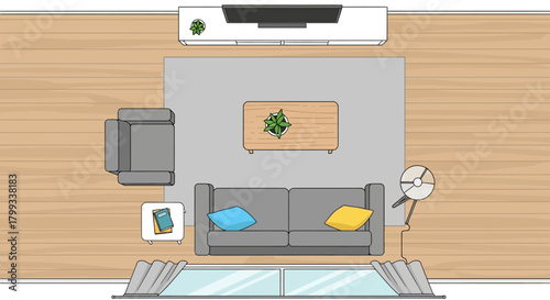 overhead view of a modern living room floor plan with stylish furniture arrangement and decorative elements for home design.