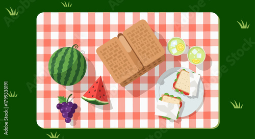 overhead view of summer picnic with watermelon grapes lemonade sandwiches on red checkered blanket on green grass.
