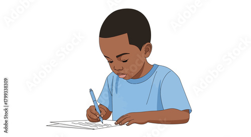 Young Boy Concentrating on Writing Task.