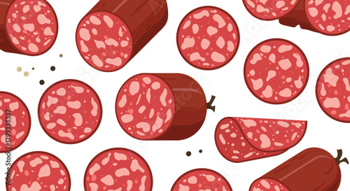seamless pattern of sliced salami and pepperoni sausage links with pepper grains on white flat vector food background illustration