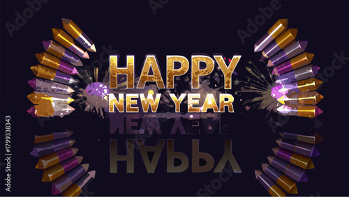 Happy new year text with reflective surface and decorative elements on a dark background scene