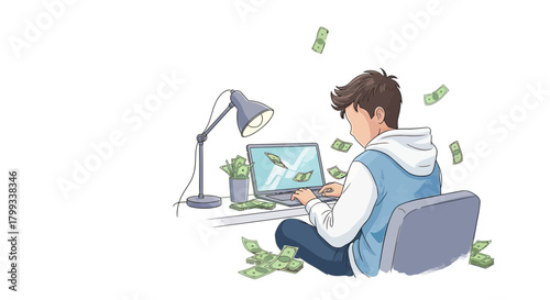 Young Entrepreneur Working on Laptop Earning Money.