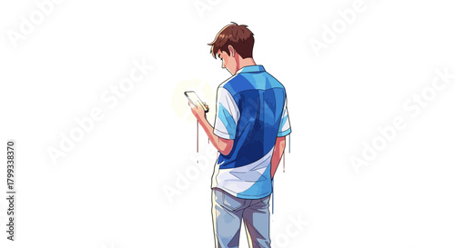 Young Man Focused on Phone Isolated on White Background.