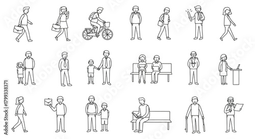 simple line art figures illustrating diverse people performing various daily activities professions and family interactions.