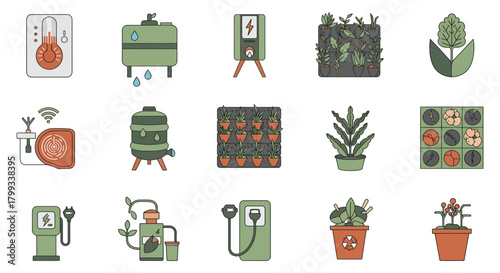 smart garden technology icons for sustainable living urban farming renewable energy and water conservation in green homes.