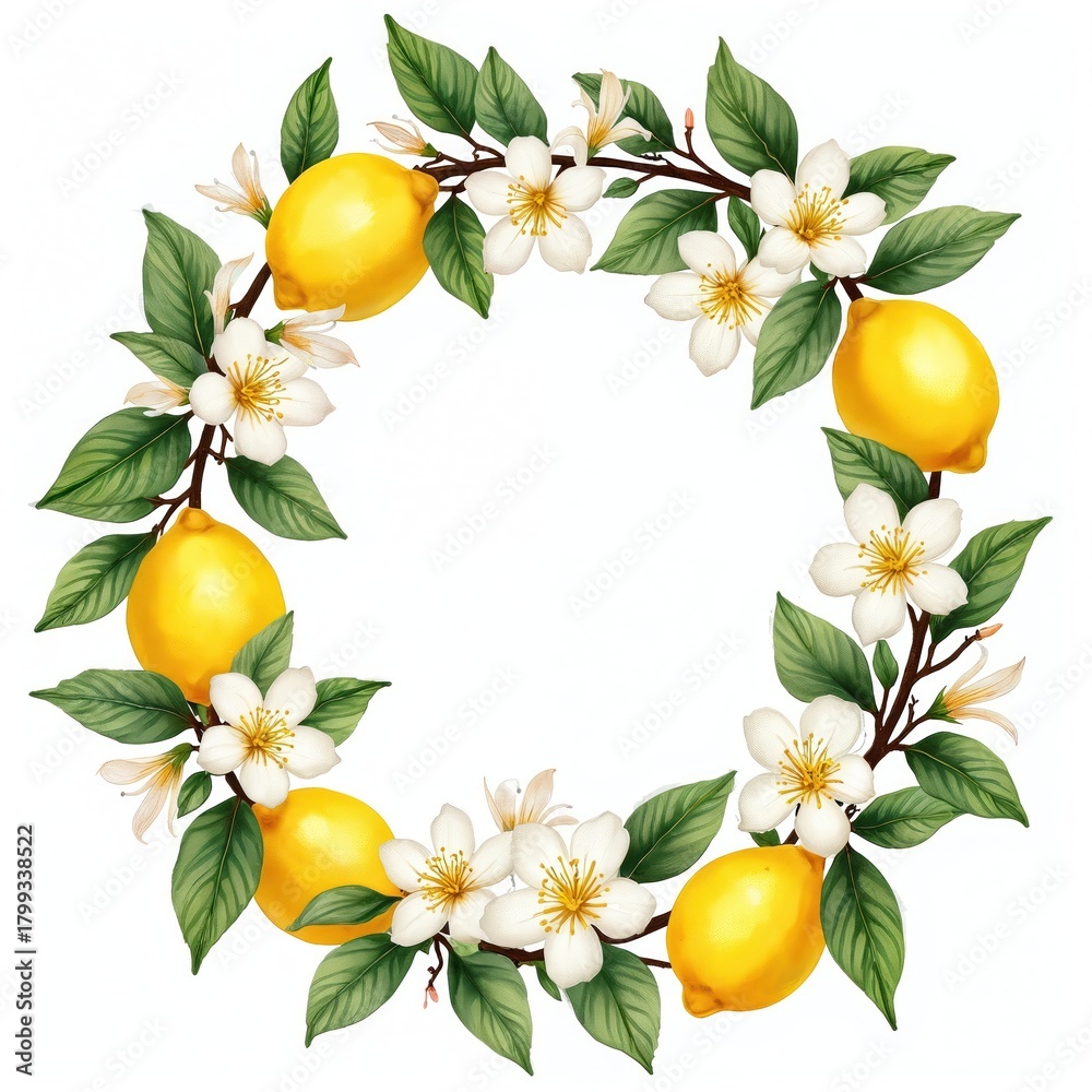 Fototapeta premium Round floral wreath with ripe yellow lemons, white blossoms, and green leaves on white background. Natural botanical decoration for summer greeting cards invites and wedding.