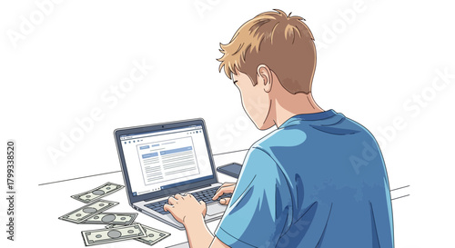Man Working on Laptop with Money Online Business Success.