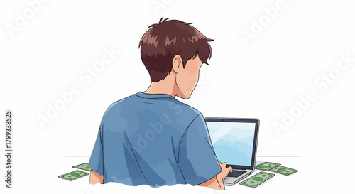 Man Working on Laptop with Money Around Him.