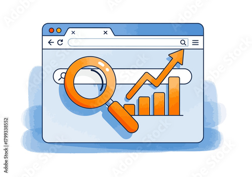 SEO Optimization Illustration Magnifying Glass and Growth Chart on Browser.