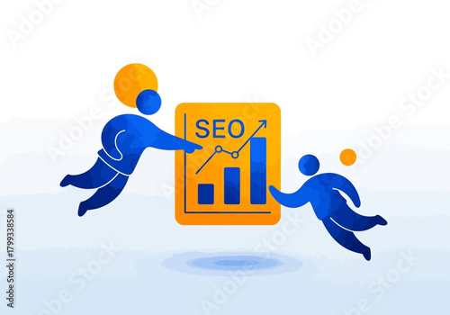 SEO Optimization Two Figures Working Together to Improve Website Ranking.