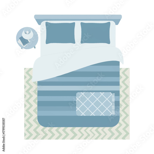 top view modern bedroom setup with blue striped bed pillows duvet nightstand lamp book chevron rug for interior design.