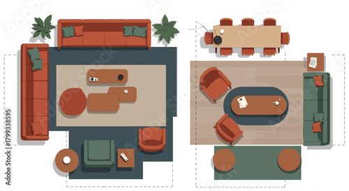 top view modern home interior design floor plans featuring living and dining room furniture arrangements for architectural planning projects.