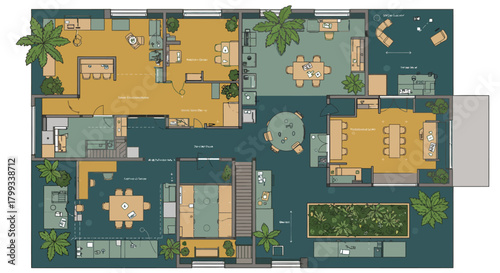 modern architectural floor plan illustration displaying diverse room layouts and furniture for interior design and space planning concepts.