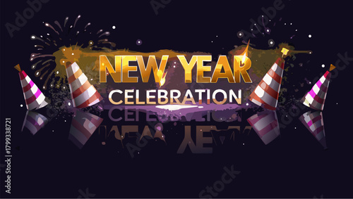 New year celebration with party hats and fireworks on a dark background with reflective surface design element