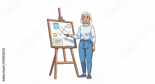 Woman presenting data on easel illustration of business presentation.