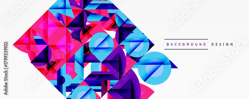 Abstract polygonal design. Vibrant pinks, blues dominate composition. Modern geometric shapes create dynamic visual effect.