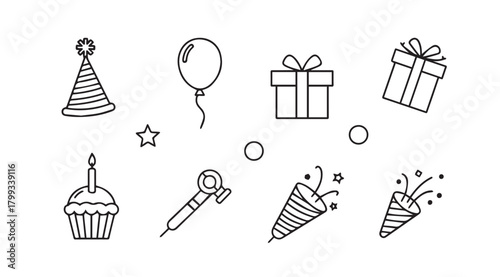 Collection of hand drawn birthday party elements silhouette