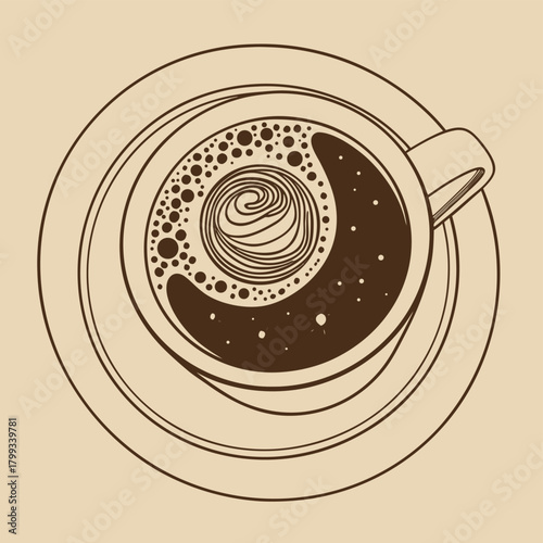 Vector illustration of a coffee cup from top view with foam, bubbles and decorative swirl. Minimalistic line art style, perfect for cafe menus, branding, packaging, coffee blogs and prints.