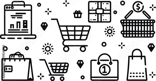 Online shopping icons with carts, bags, and gifts on white background.