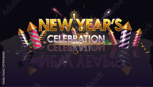 New year's celebration with fireworks and confetti on a reflective surface, a festive holiday scene