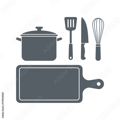 Cooking and Kitchen Utensils Silhouette Icons: Pot, Spatula, Knife, Whisk, and Cutting Board.