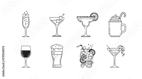Collection of eight distinctive cocktail and drink silhouettes for graphic design