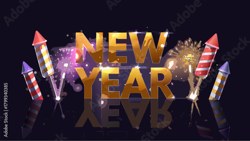 New year celebration with golden text fireworks and rockets on a reflective surface background design