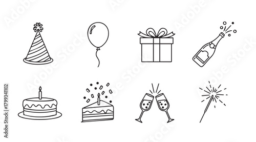 Collection of hand drawn birthday celebration icons in silhouette style