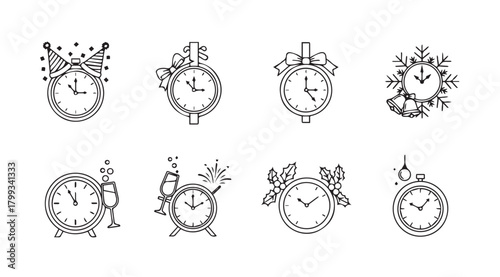Collection of new year s eve countdown clocks with festive decorations silhouette