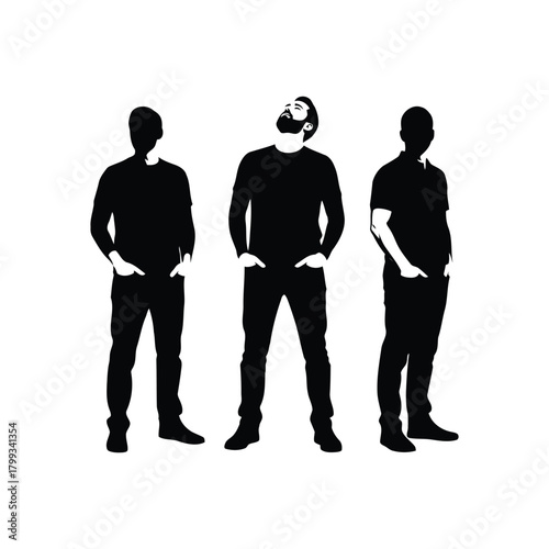 Three diverse male full-body silhouettes stand united