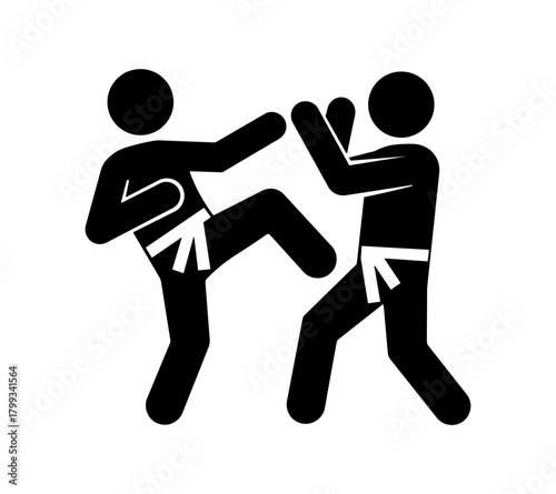 Stickman martial arts fight silhouette, two fighters sparring with kick and block, minimal vector combat illustration, self defense training icon, karate taekwondo action pose black flat design.