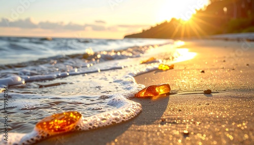 Fototapeta Naklejka Na Ścianę i Meble -  Amber pieces wash up on a sun-drenched beach, creating a warm, golden seascape against a background of trees