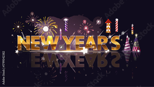 New year's celebration with fireworks and reflective text on a dark background design element