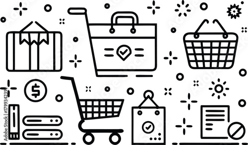 Online shopping and e-commerce icons with carts and bags
