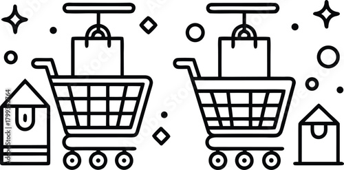 Shopping cart and shopping bag icons with abstract elements
