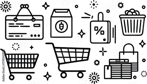 Shopping icons including cart, bags, and credit card for retail concepts